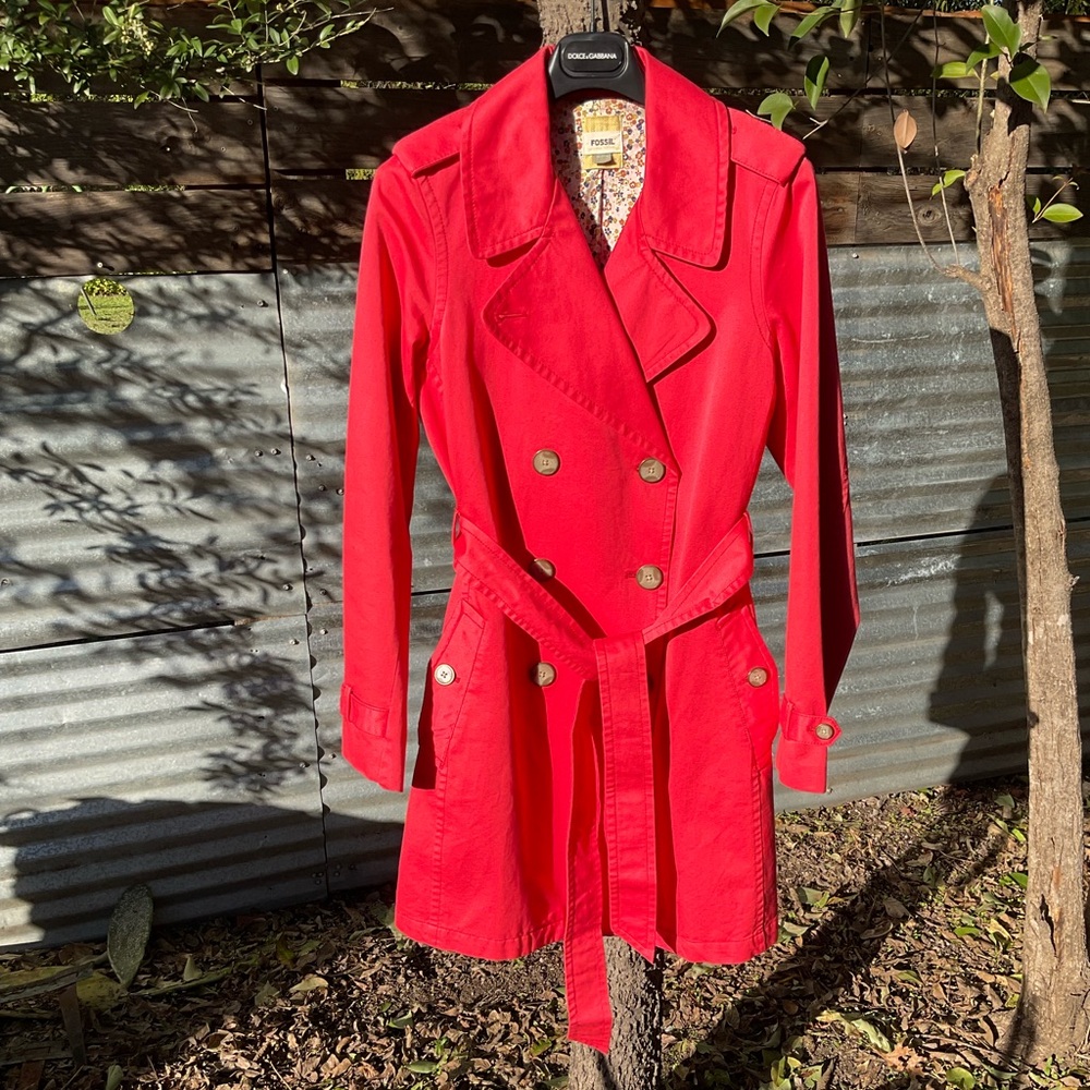Red Fossil Belted Trench Coat Long Jacket Size Medium